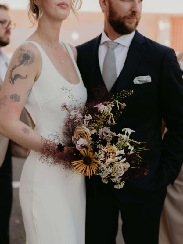 Modern, textural and organic flowers for an urban Seattle wedding at the Metropolist