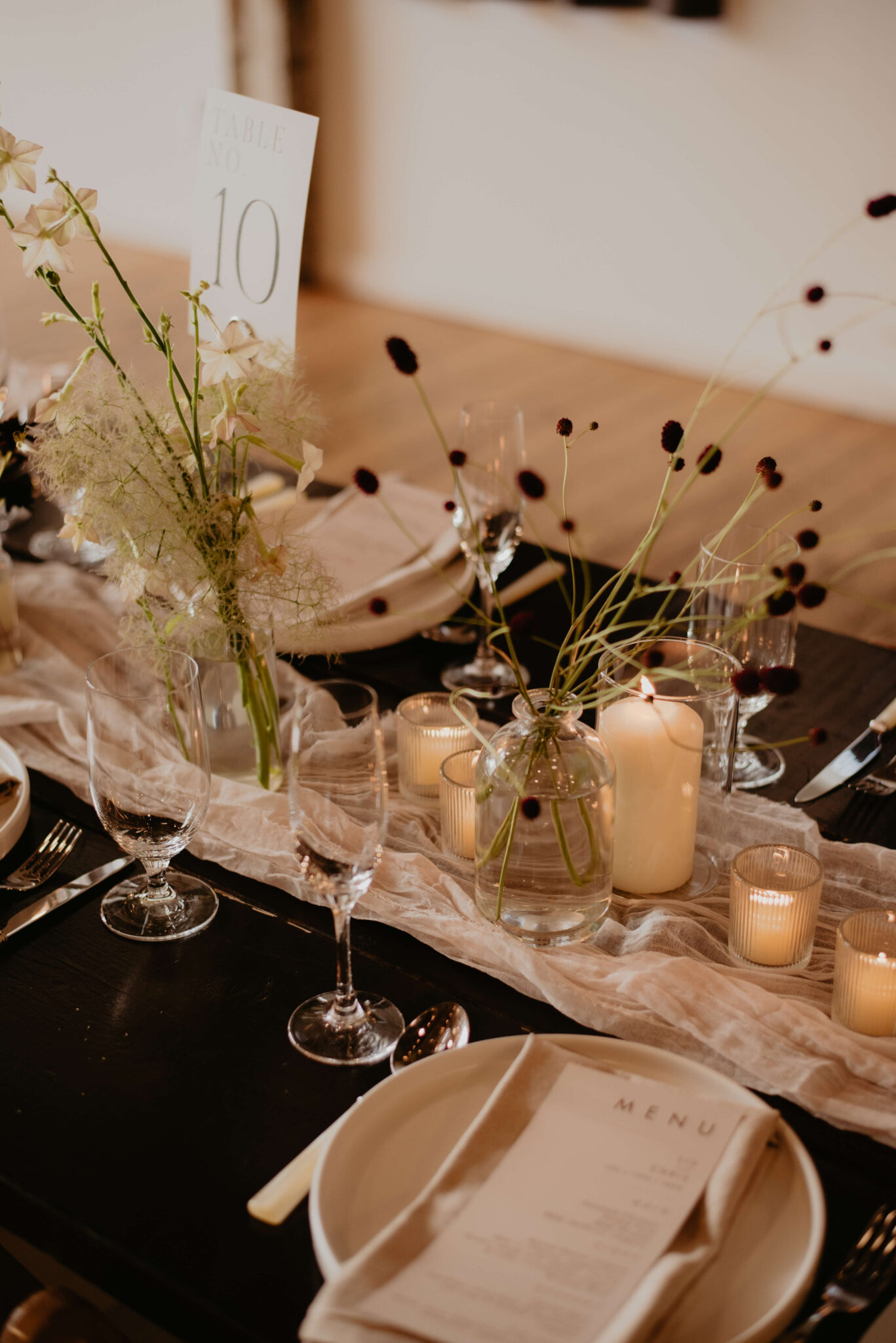 wedding tablescape with bud vases